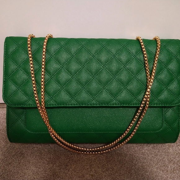 Green Old Hollywood Elegant Quilted Shoulderbag or Lrg Blk Pouch w Gold Chain - Picture 2 of 10